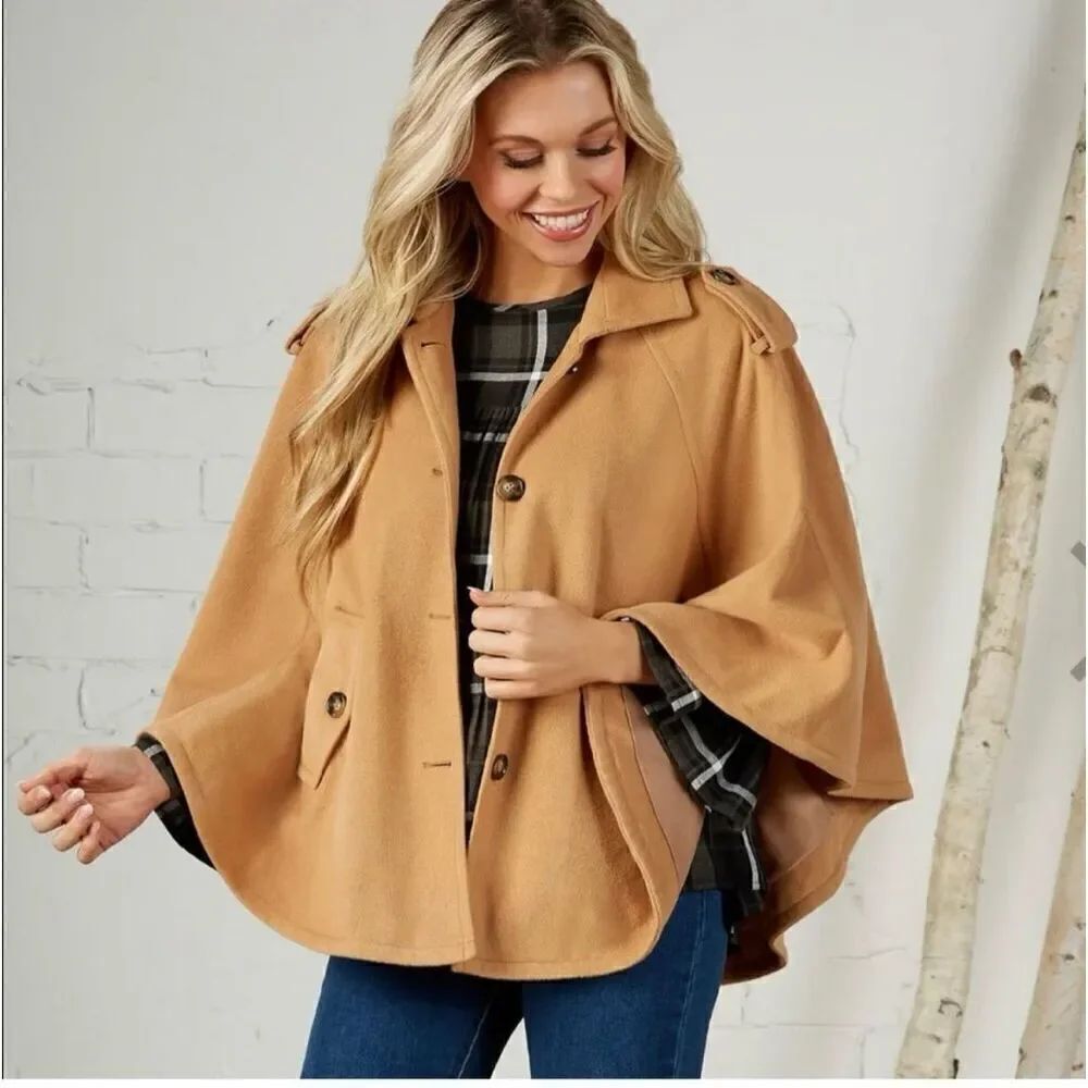 Mudpie Women's One Size Webster Cape Sweater Camel Tan Relaxed Fit Academia New - Picture 2 of 13